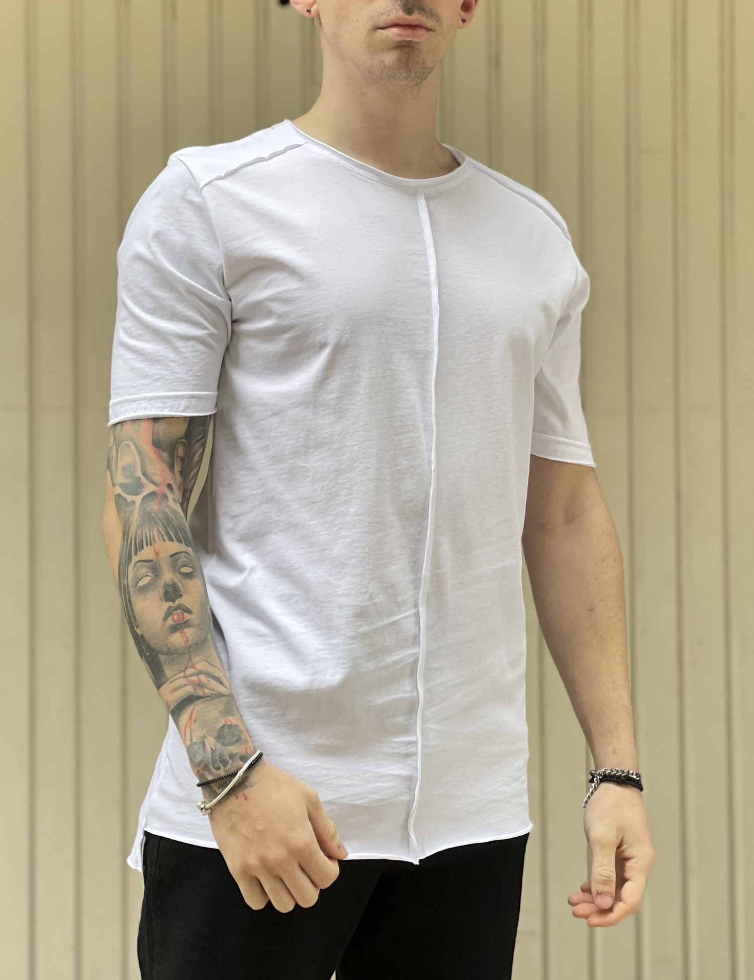 NDC ανδρικό λευκό ασύμμετρο T-shirt με ραφή 232917W φωτογραφία